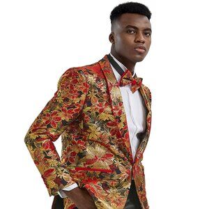 Mens Paisley Shawl Prom Tuxedo Blazer in Red & Gold